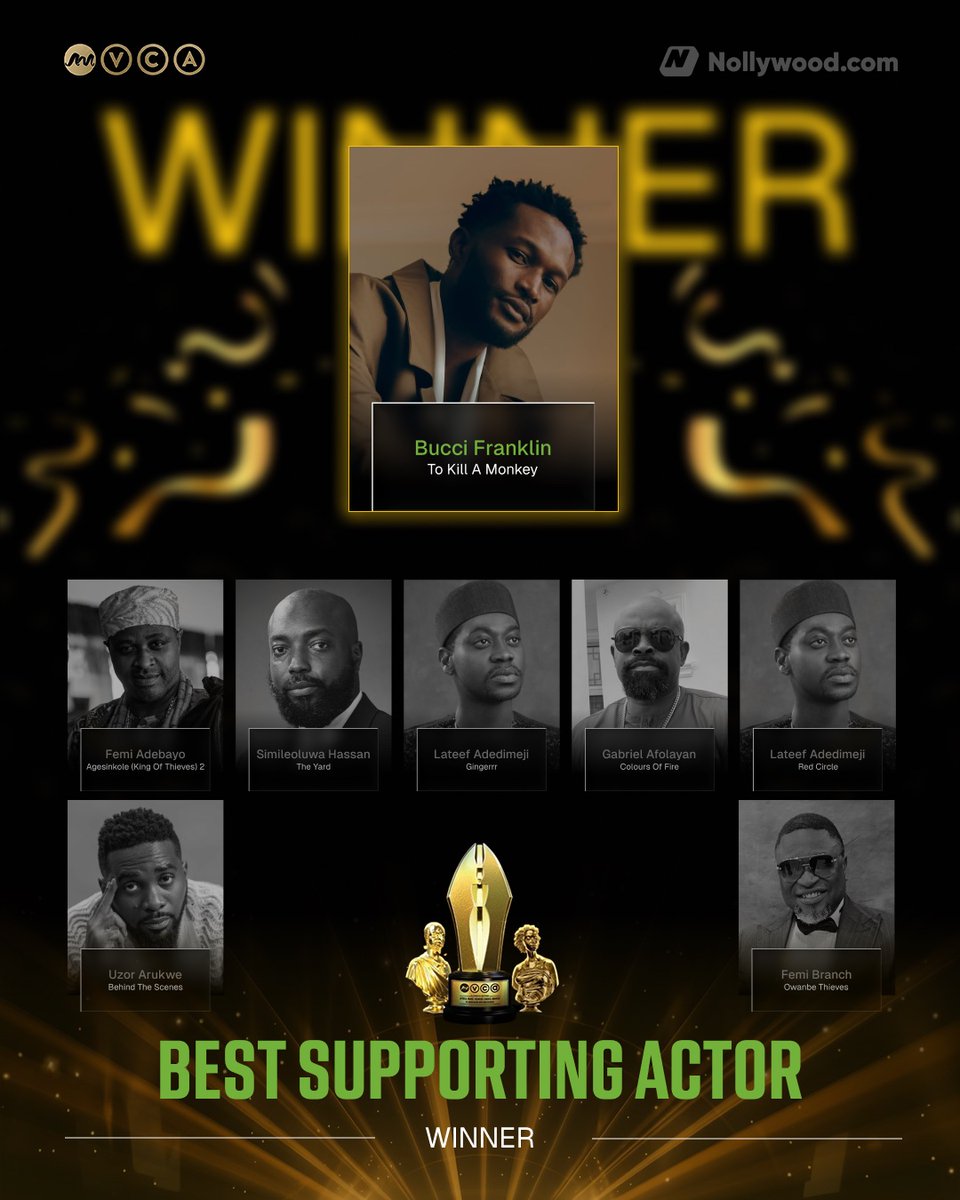 Nollywoodcom's tweet photo. ❇️ Winner of the Best Supporting Actor Category for the 12th edition of the AMVCA goes to @FranklinBucci  for the movie ‘To kill a monkey’

@buccifranklin 
#AMVCA12 https://t.co/f9JXxbij5x