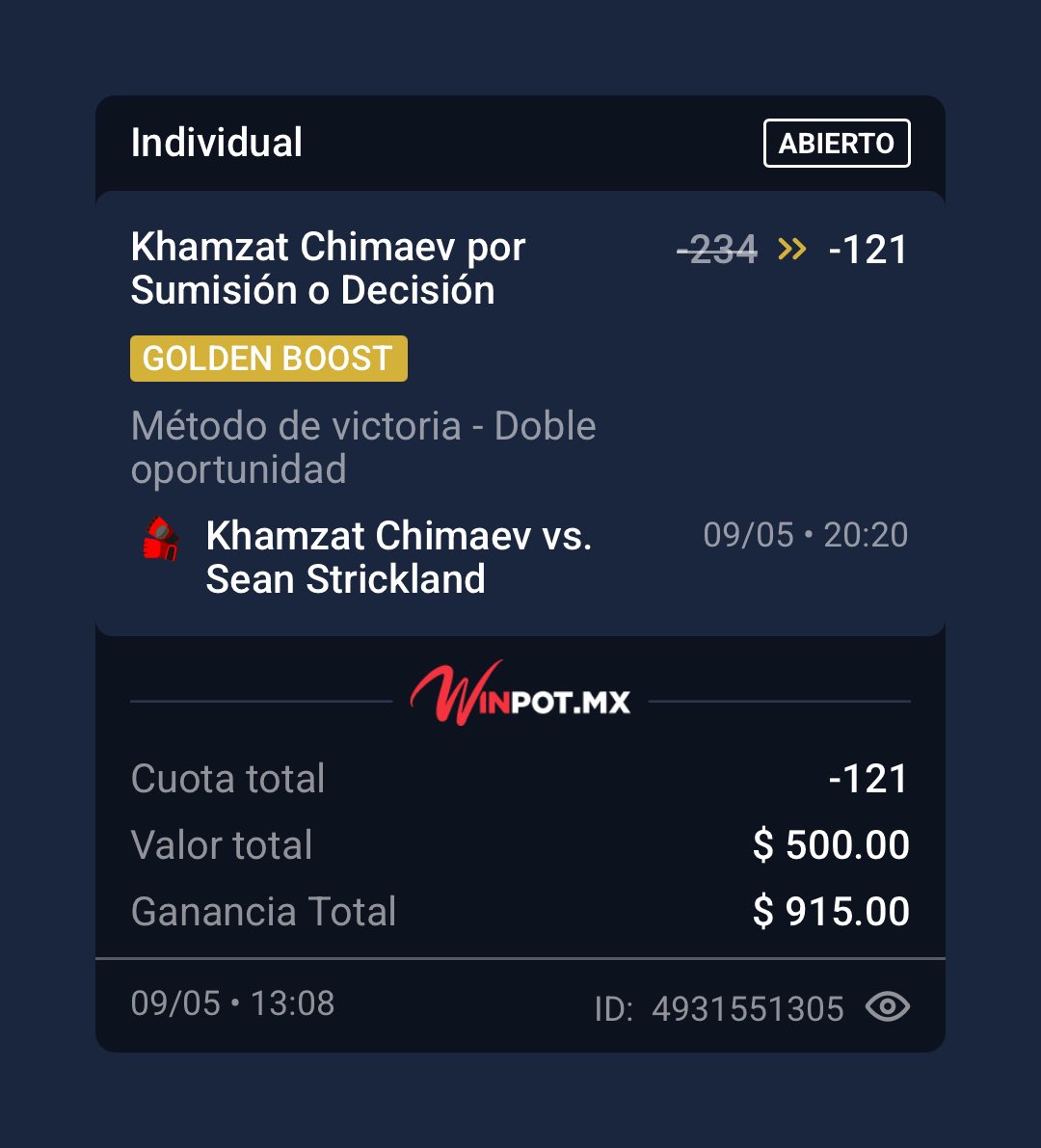 playerpicksmx's tweet photo. Por ahí me dijeron que hoy se hace dinero con la UFC.

🥊Chimaev por decisión/sumision con aumento de cuota de -234 » -120

🥊 Joshua/Tatsuro Más 175 golpes con aumento de cuota de -140 » +120

👉🏼 Disponible en Winpot con este link https://t.co/qxurJBpKPF https://t.co/hlIVAI7F1t