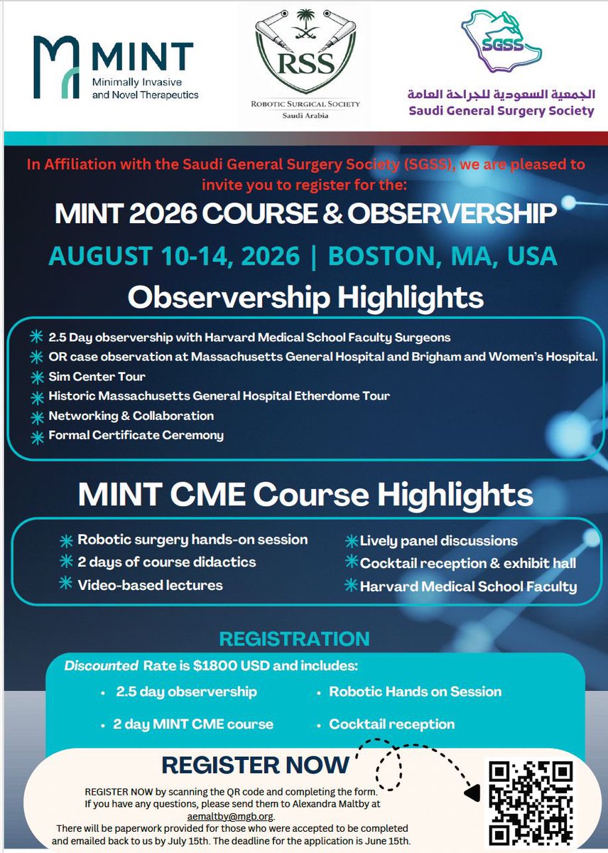 SGSS_KSA's tweet photo. 🚨 Exciting news for Saudi surgeons!
🇸🇦 SGSS &amp; RSS Saudi Arabia are thrilled to announce the MINT 2026 Course &amp; Observership in affiliation with Harvard Medical School!
🗓️ August 10–14, 2026 📍 Boston, MA — MGH &amp; Brigham and Women's Hospital
🧵 Thread 👇 https://t.co/OFHZG0HWv5