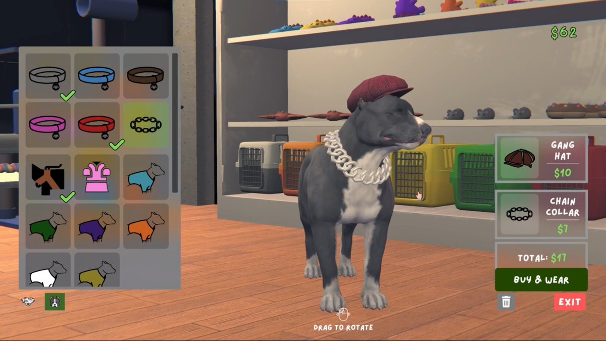 RoniGamesCo's tweet photo. @gamedrops_ Working on Dog World - a first-person dog walking simulator. We recently added a dog customization shop with hats, collars and outfits so every pup can feel more personal.  #screenshosaturday https://t.co/I7i3EMnS6t
