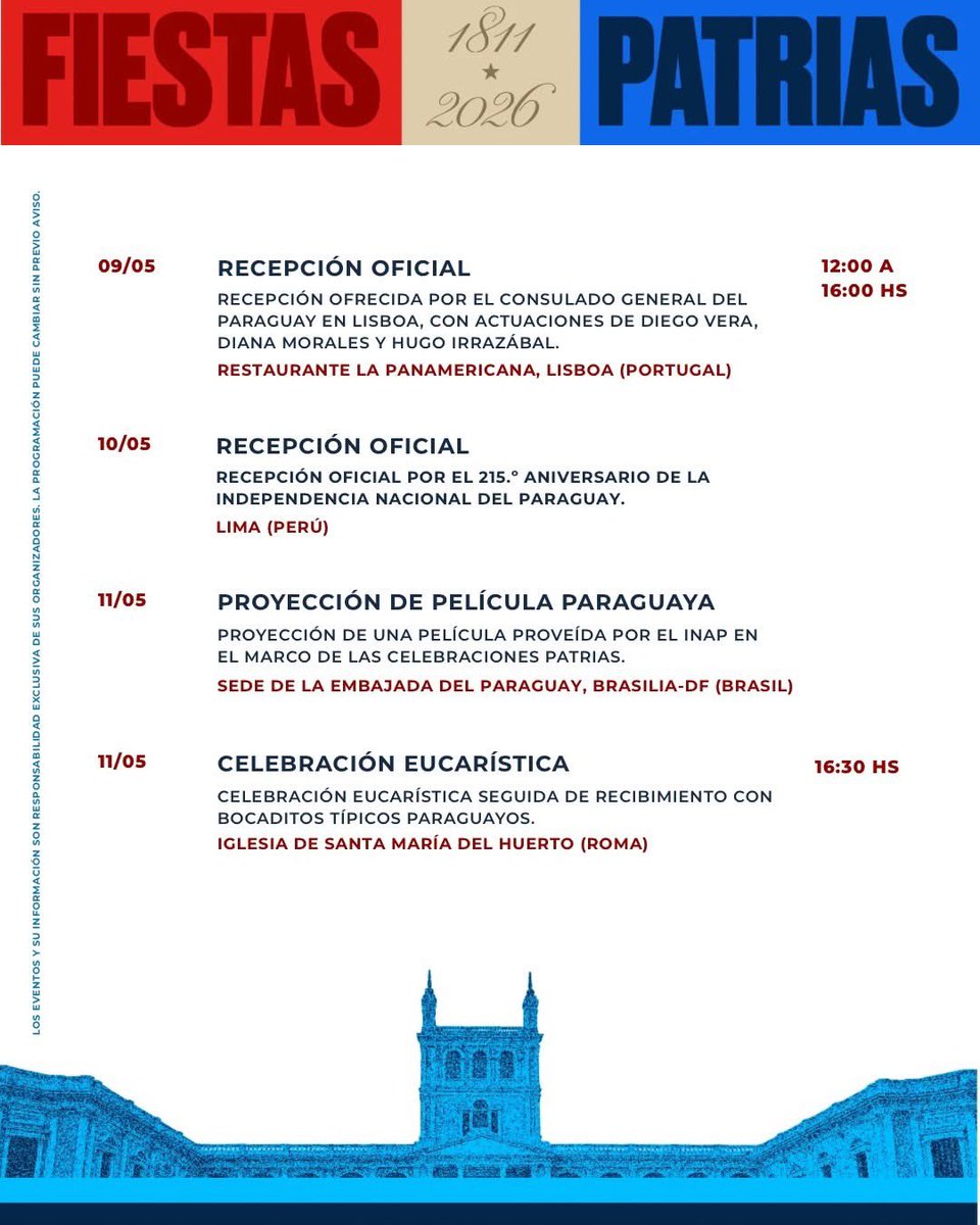 Senatur_Py's tweet photo. 🇵🇾 Fiestas Patrias 2026

Te presentamos un adelanto de las actividades culturales, históricas, artísticas, turísticas que se desarrollarán en el país y en el exterior en el marco de las Fiestas Patrias.

Más de 140 actividades en todo el país y en el exterior nos invitan a encontrarnos, compartir y celebrar lo que nos une como país ✨

🔗 Más información en https://t.co/mf5ewQAKy8