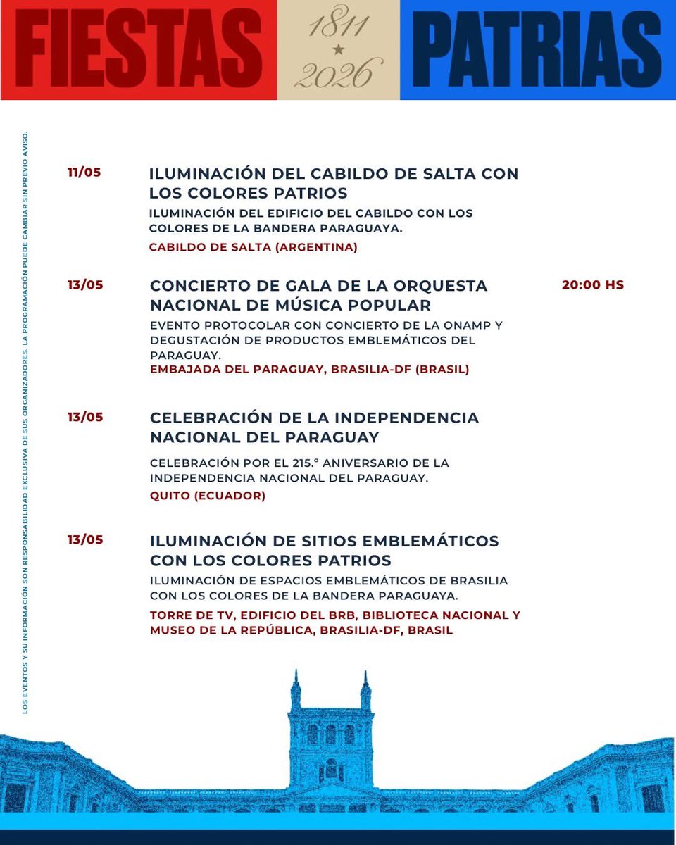 Senatur_Py's tweet photo. 🇵🇾 Fiestas Patrias 2026

Te presentamos un adelanto de las actividades culturales, históricas, artísticas, turísticas que se desarrollarán en el país y en el exterior en el marco de las Fiestas Patrias.

Más de 140 actividades en todo el país y en el exterior nos invitan a encontrarnos, compartir y celebrar lo que nos une como país ✨

🔗 Más información en https://t.co/mf5ewQAKy8