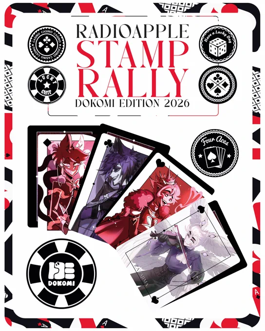 📻🍎 #radioapple #dokomi2026 STAMP RALLY
Are you feeling lucky? Then this is your chance! 👀✨

Limited to 50 prices! So be fast!💨

Artists: 
♥️ (Hall5- E38) @itsmarsmol 
♦️ (Hall5- E38) @itsspiderpotion 
♠️ (Hall5-E40) @zayajima 
♣️ (Hall 3 -Y31) @ me 