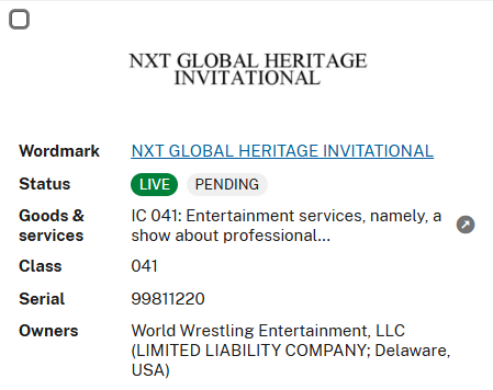Cory_Hays407's tweet photo. WWE filed to trademark NXT Global Heritage Invitational on May 8th https://t.co/zLEOt6AAVO