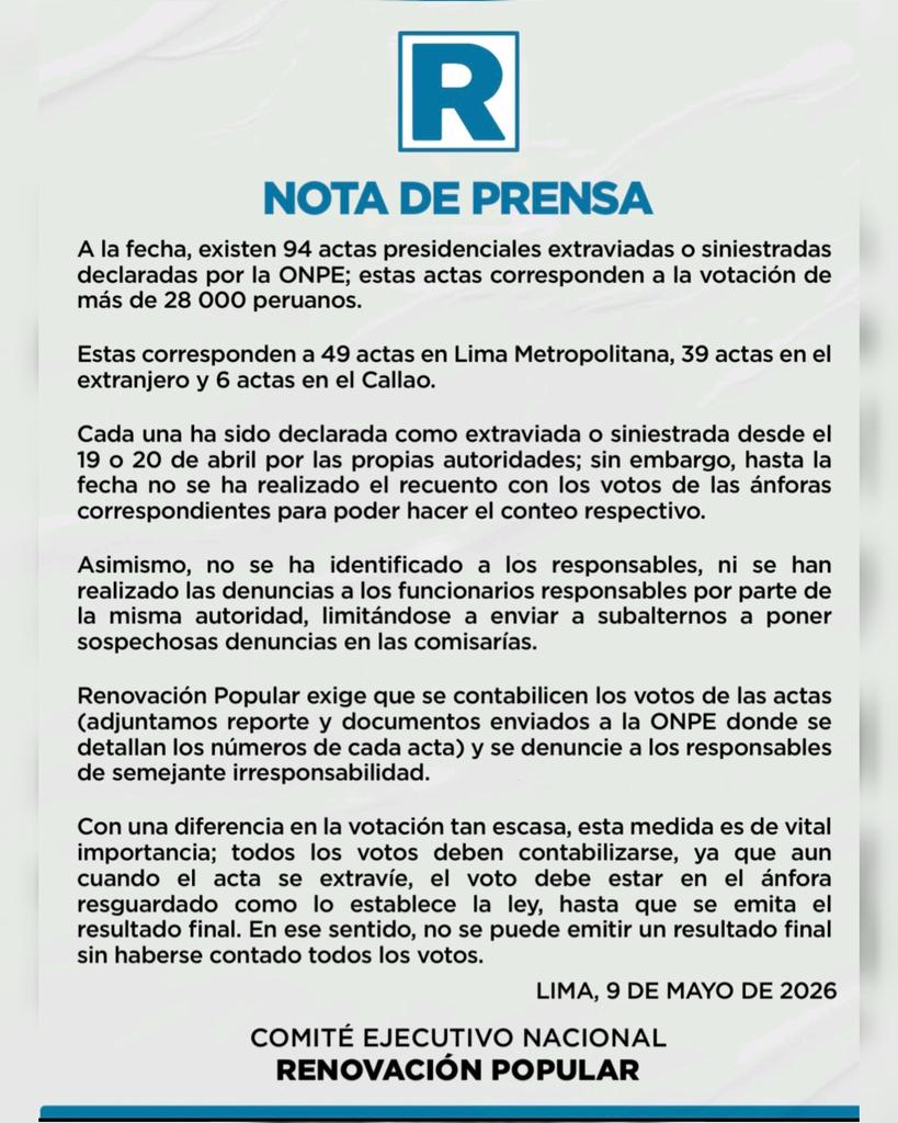 ¡Más de 28,000 votos en juego! 

La <a href="/ONPE_oficial/">ONPE</a> reporta 94 actas extraviadas. #RenovaciónPopular exige abrir las ánforas, contar cada voto y sancionar a los responsables. 

Con un margen tan estrecho, es inaceptable dar un resultado final sin transparencia. 

Lee nuestra nota