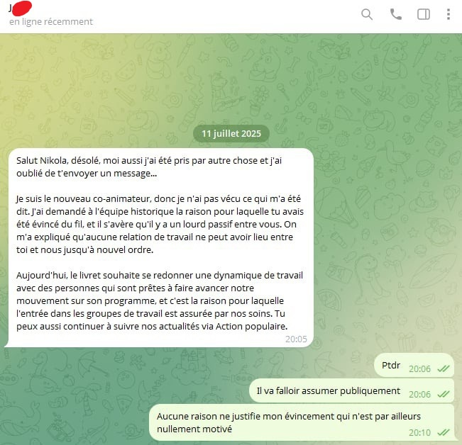 Nikola_Dbrc's tweet photo. Pour vous donner une idée de la façon dont la critique antivalidiste est accueillie en interne. 

Celle-ci est réduite à un conflit individuel et transformée en « lourd passif » pour justifier mon éviction. https://t.co/r3zNnRvyqk