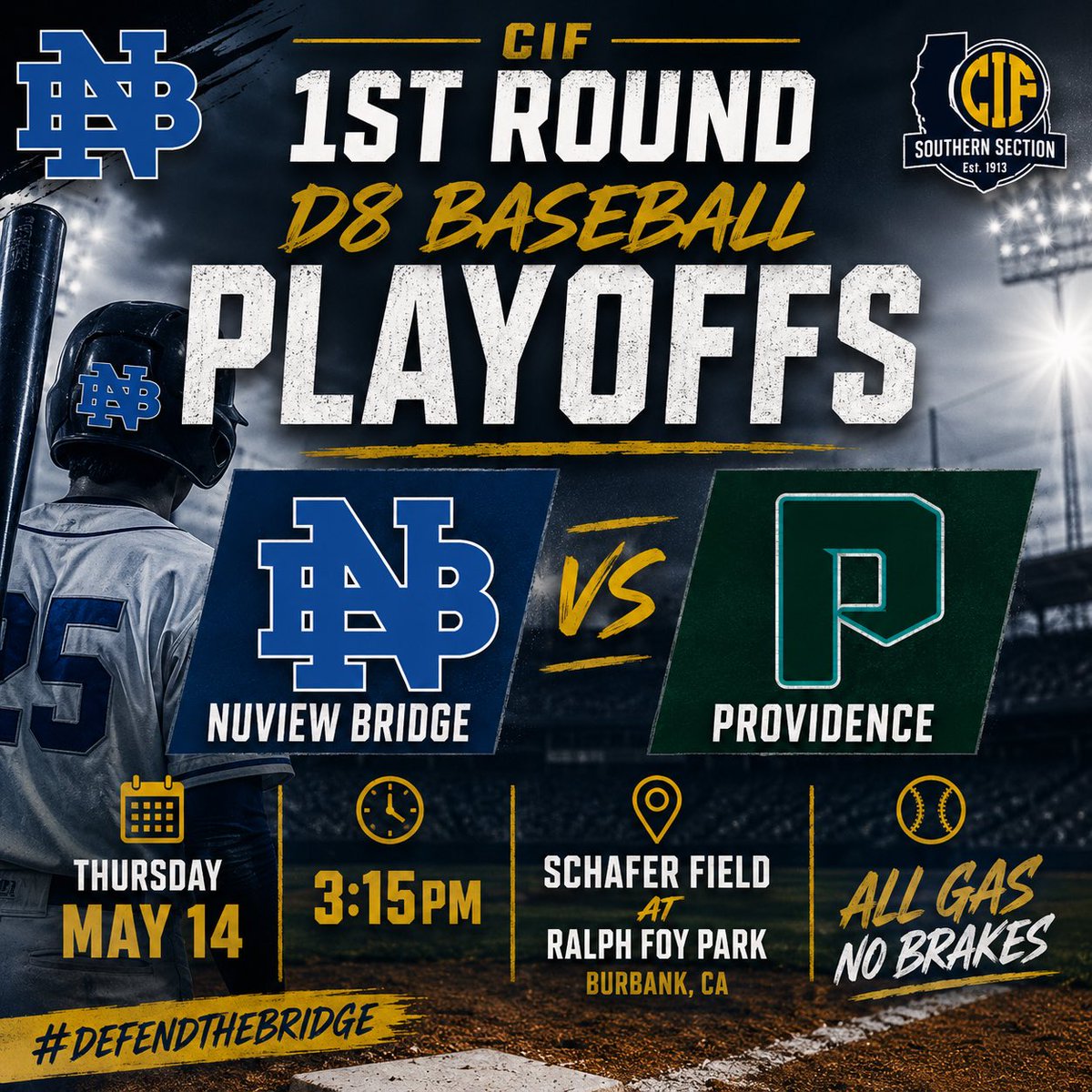 bballcoachd's tweet photo. The Knights hit the road for the 1st round of the CIF Division 8 playoffs to take on Providence HS in Burbank Thursday. #iagdtbak #defendthebridge  @IE_Baseball_HQ @Inland_Sports https://t.co/ajFDrlGPav