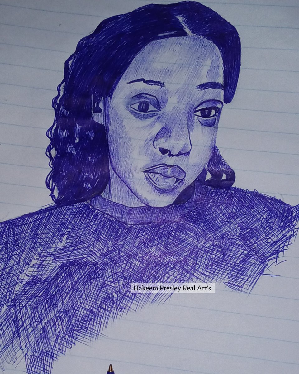 HakeemPresley's tweet photo. "Hand‑drawn blue‑pen artwork titled @Hakeem Presley Real Art's', showcasing intricate shading and realistic features of a woman's portrait on lined notebook sheet https://t.co/kFACruunGA