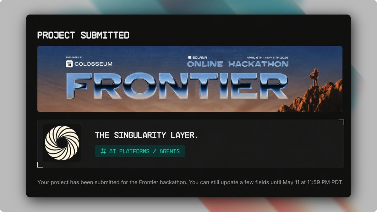 x402_Layer's tweet photo. Singularity Layer has officially submitted to the @colosseum hackathon + accelerator program on Solana 🫡 

Let's bring the homo-agentic economy on Solana together! https://t.co/yDWtPvPEpC