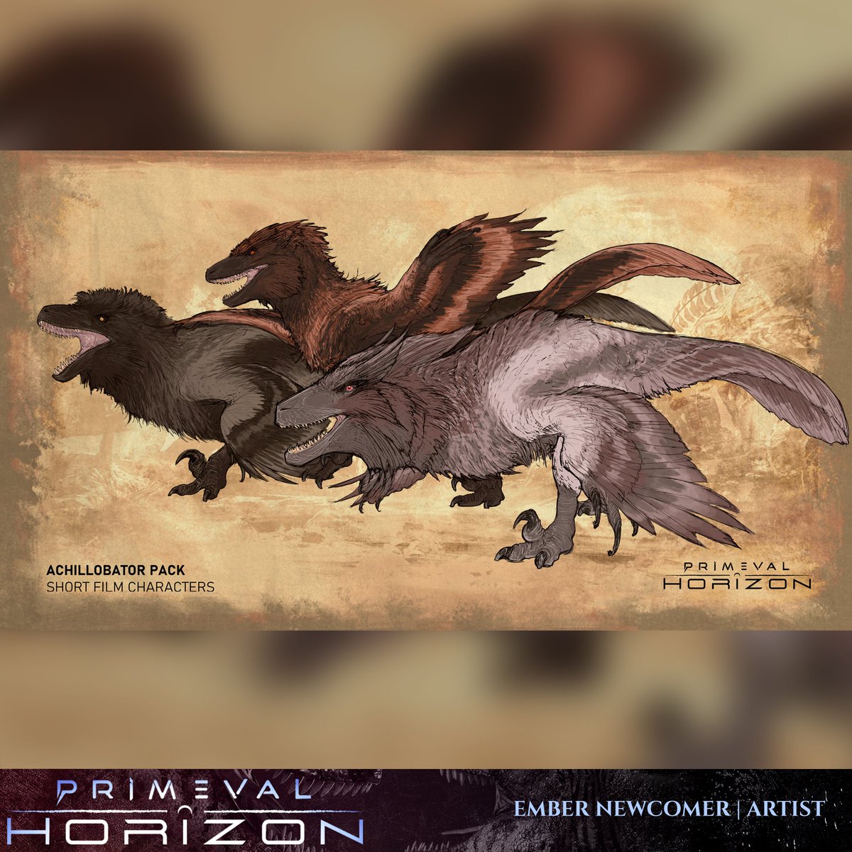 PrimevalHorizon's tweet photo. The concept art for our Achillobator pack is completely finished! Meet Lady, Young One, and Leader (in order from background -> foreground). This clan is the essence of cunning, coordinated, and efficient. If you manage to see them, you're not the one they're hunting... https://t.co/AuWjgxZVh7