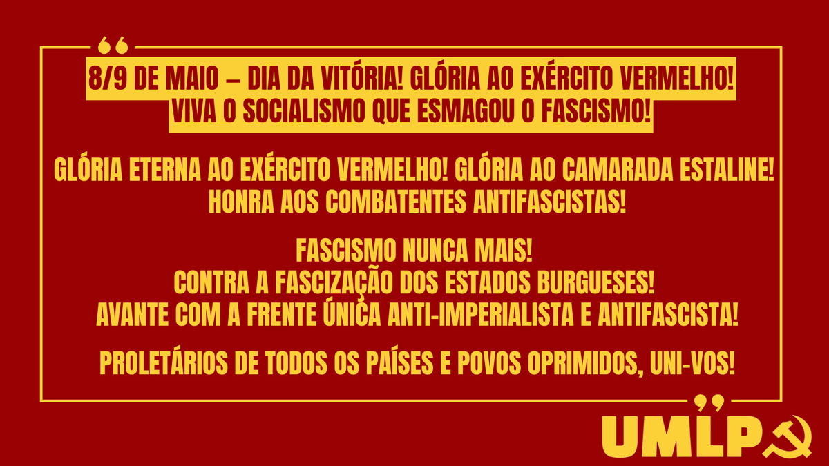 UMLP_PT's tweet photo. Há 81 anos, o mundo assistiu à derrota do monstro nazi-fascista 

O heroico Exército Vermelho, liderado por Estaline e sustentado pelo sacrifício de milhões de operários, camponeses e comunistas, esmagou a máquina de guerra hitleriana e levantou bem alto a bandeira vermelha. https://t.co/sh62xqGy4m