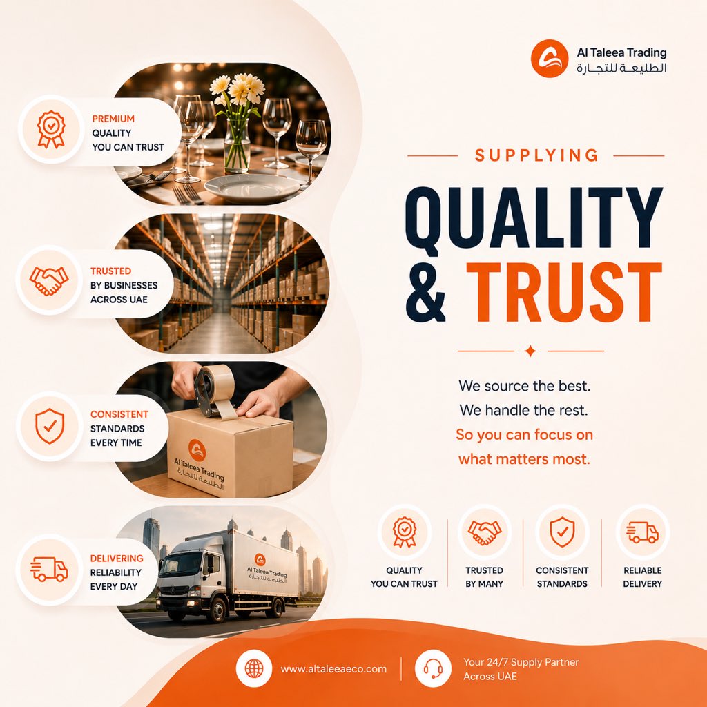 AlTaleeaTrading's tweet photo. Built on quality.
Driven by trust.
Delivered with commitment.
Al Taleea Trading — Your 24/7 Supply Partner. https://t.co/oCR1d08pXx