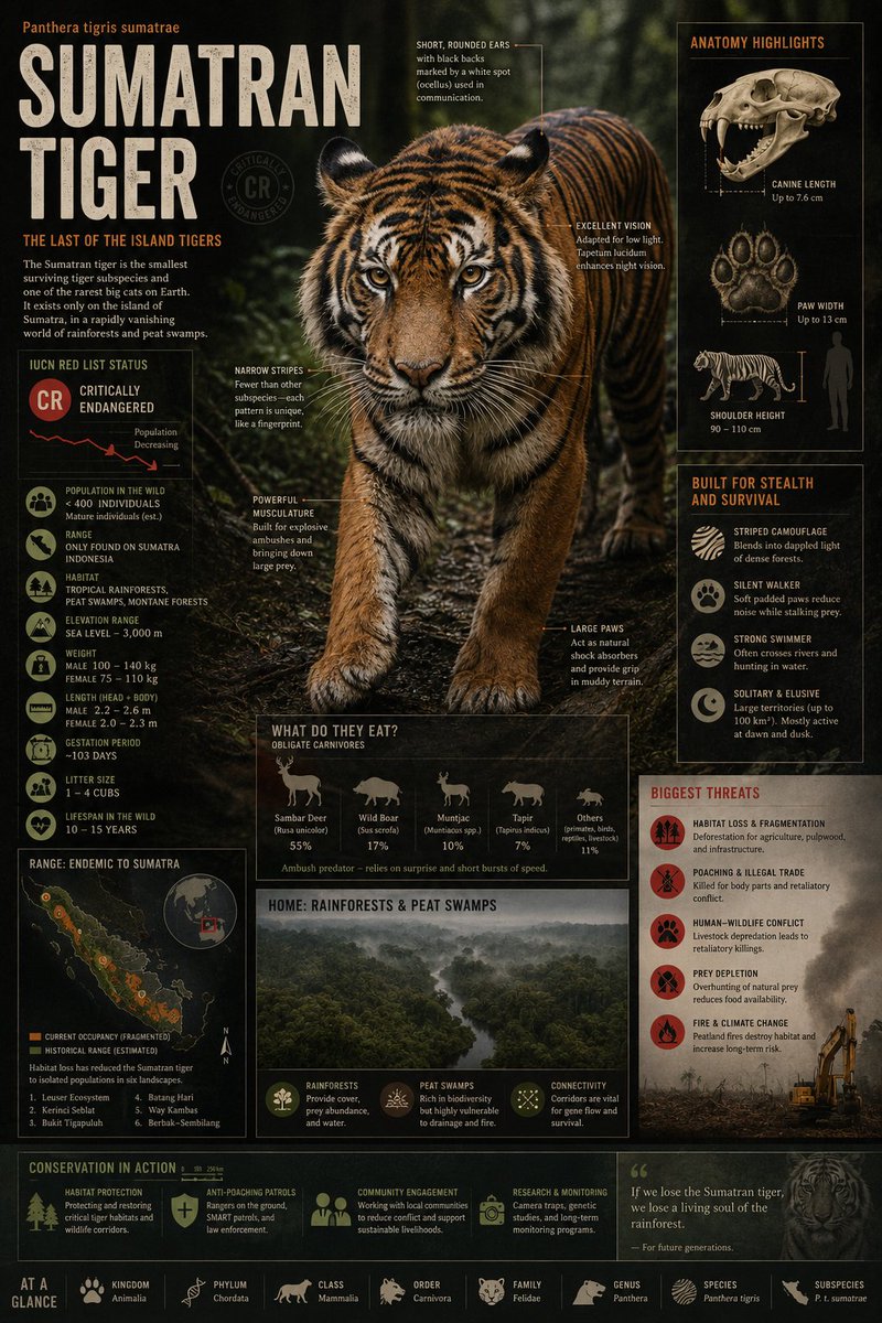 john_my07's tweet photo. GPT Image 2 on ChatGPT 

Prompt;

Create a premium editorial-style infographic centered around a rare or endangered animal species, designed as a visually immersive wildlife reference sheet rather than a typical educational poster.

Begin by researching a real endangered species and incorporate authentic details about its ecosystem, behavior, survival threats, diet, anatomy, and adaptations. Structure the information through layered visual storytelling, using annotated diagrams, directional callouts, scientific labels, environmental overlays, habitat maps, and compact data snippets instead of standard text sections.

The composition should feature a highly detailed photorealistic rendering of the animal as the dominant focal element, surrounded by bold graphic design elements such as textured shapes, infographic markers, icon systems, color-coded information clusters, and cinematic typography.

Blend natural-history illustration aesthetics with modern editorial graphics: clean negative space, tactile textures, subtle paper-grain feel, and intelligently organized visual density. The final piece should feel like a professionally art-directed page from a futuristic wildlife atlas or museum-quality field guide.