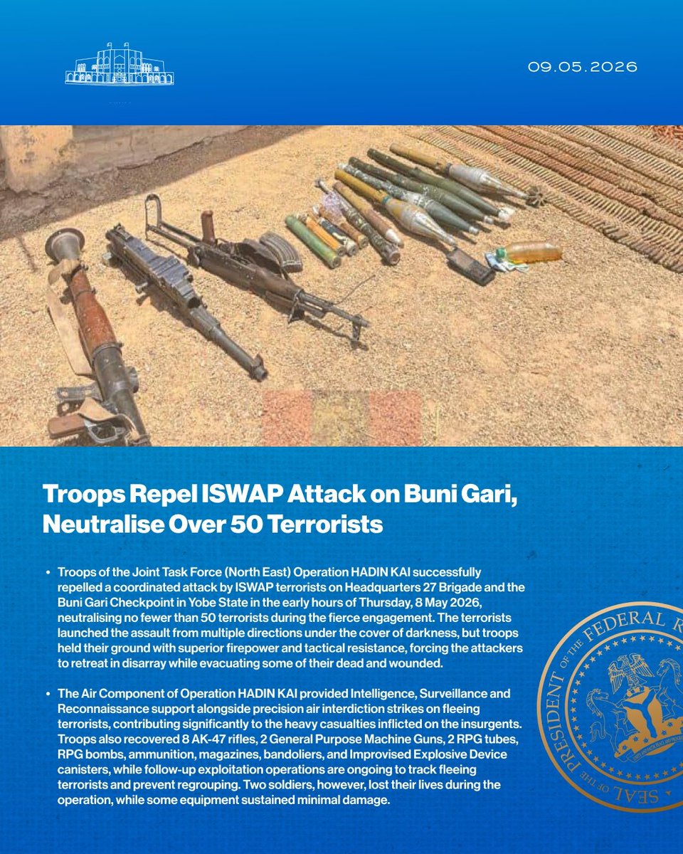 NGRPresident's tweet photo. Troops Repel ISWAP Attack on Buni Gari, Neutralise Over 50 Terrorists. https://t.co/LAy7sX4gFu