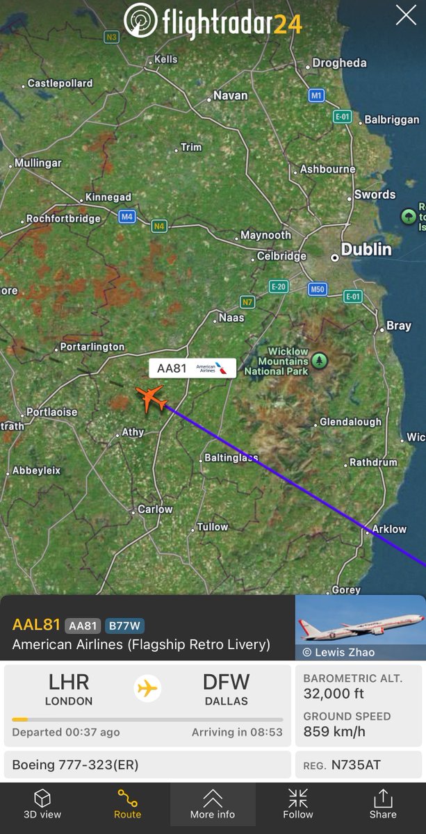 glennpolley's tweet photo. ✈️ 🇺🇸 American Airlines sporting a gorgeous flagship livery for their centennial year on #N735AT while crossing Ireland en route to DFW.
#AmericanAirlines #Retrolivery #planespotting
https://t.co/RhOHKBpgUI https://t.co/n74Rf5GKox