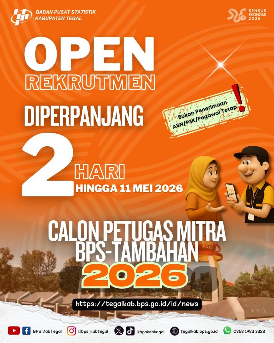 bpskabtegal's tweet photo. 📢 📢Pengumuman ... Pengumuman ...
Open Rekrutmen Calon Petugas Mitra BPS Kabupatel Tambahan diperpanjang 2 hari lagi..

Bagi kamu kamu yang belum sempat mendaftar yuuk gasss segera daftar 🔥🔥🔥🔥🔥
--------------------
#bpskabupatentegal
#mencatatekonomiindonesia
#oprec https://t.co/SHlwNkB0FF
