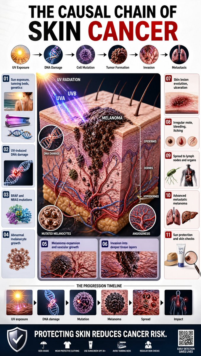 Ankit_patel211's tweet photo. GPT Image 2 on @itsPolloAI 

@polloai_creator 

{
  "title": "THE CAUSAL CHAIN OF LIVER CANCER",
  "style": "cinematic medical infographic, photorealistic anatomy + layered editorial graphics",
  "aspect_ratio": "3:4",
  "resolution": "4K",
  "color_palette": "white, charcoal, amber, glowing red",
  "central_visual": {
    "subject": "human liver anatomy",
    "details": "visible liver tissue with glowing tumor clusters, vascular system, cirrhosis texture, realistic medical rendering"
  },
  "top_chain": [
    "Risk Factors",
    "Chronic Liver Damage",
    "DNA Mutation",
    "Tumor Formation",
    "Growth",
    "Metastasis"
  ],
  "left_panel": {
    "01": "Hepatitis B/C, alcohol, fatty liver, toxins",
    "02": "Cirrhosis and chronic inflammation",
    "03": "TP53 and CTNNB1 mutations",
    "04": "Cancerous liver cell transformation"
  },
  "center_panel": {
    "05": "Tumor vascularization and rapid expansion",
    "06": "Spread through bloodstream and lymphatics"
  },
  "right_panel": {
    "07": "Liver dysfunction, jaundice, swelling",
    "08": "Fatigue, abdominal pain, weight loss",
    "09": "Spread to lungs and bones",
    "10": "Organ failure progression",
    "11": "Vaccination and screening awareness"
  },
  "bottom_timeline": [
    "Liver damage",
    "Mutation",
    "Tumor",
    "Expansion",
    "Spread",
    "Impact"
  ],
  "footer": "Preventive care reduces liver cancer risk.",
  "design_elements": "arrows, icons, layered anatomy diagrams",
  "keywords": "ultra detailed, liver anatomy, infographic poster"
}

#polloai