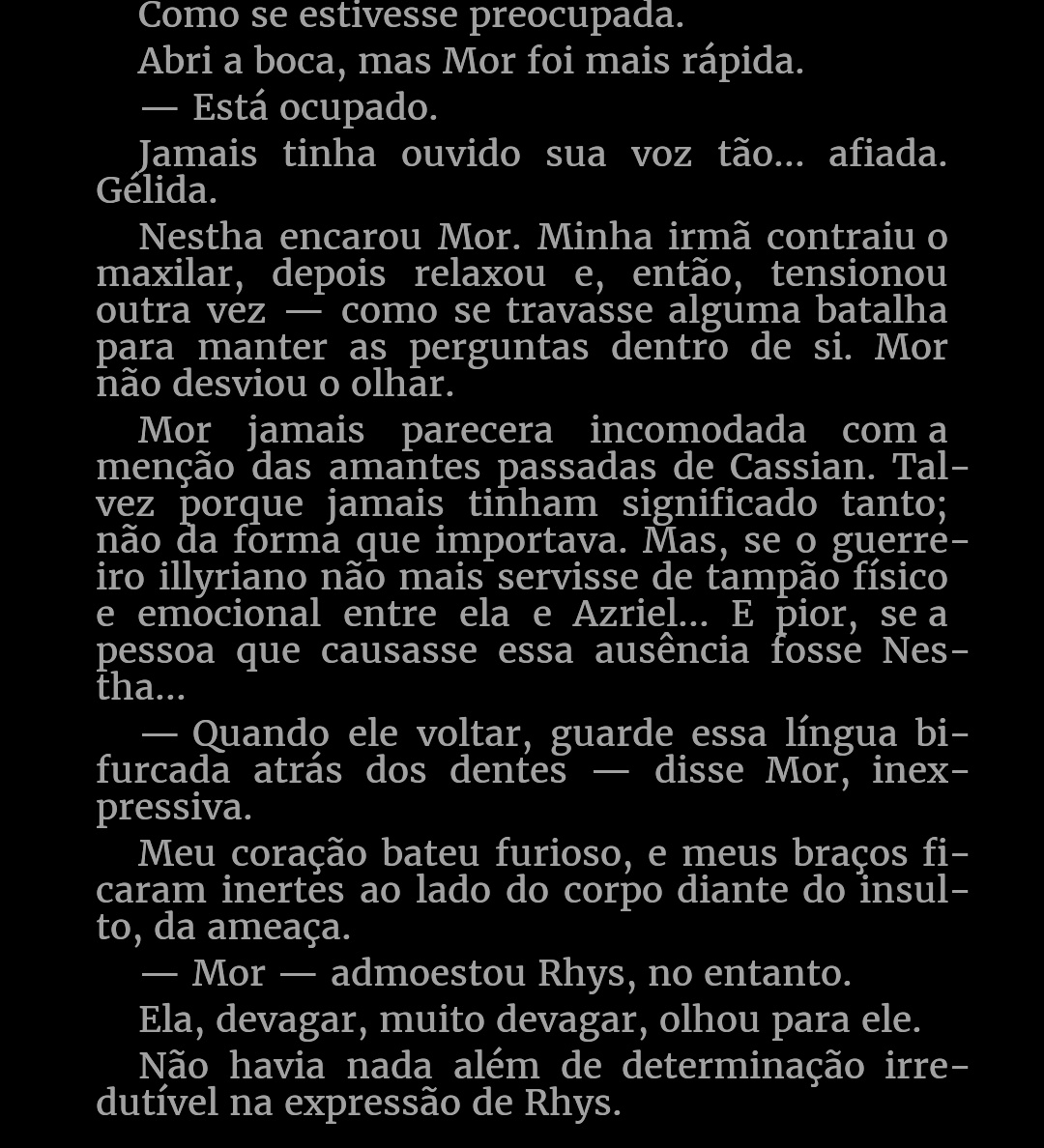 FeyreMC's tweet photo. @whimsicalelains @omgitsfeyrehi @judaenys Tem a cena ainda depois da batalha em Adriata. Assim q eles voltam para Velaris e entram na casa da cidade. Nestha e Amren levantam para saber como foi e aí a Nestha pergunta cadê o Cassian e a Mor fala isso aqui: https://t.co/IlEvfjBxMc