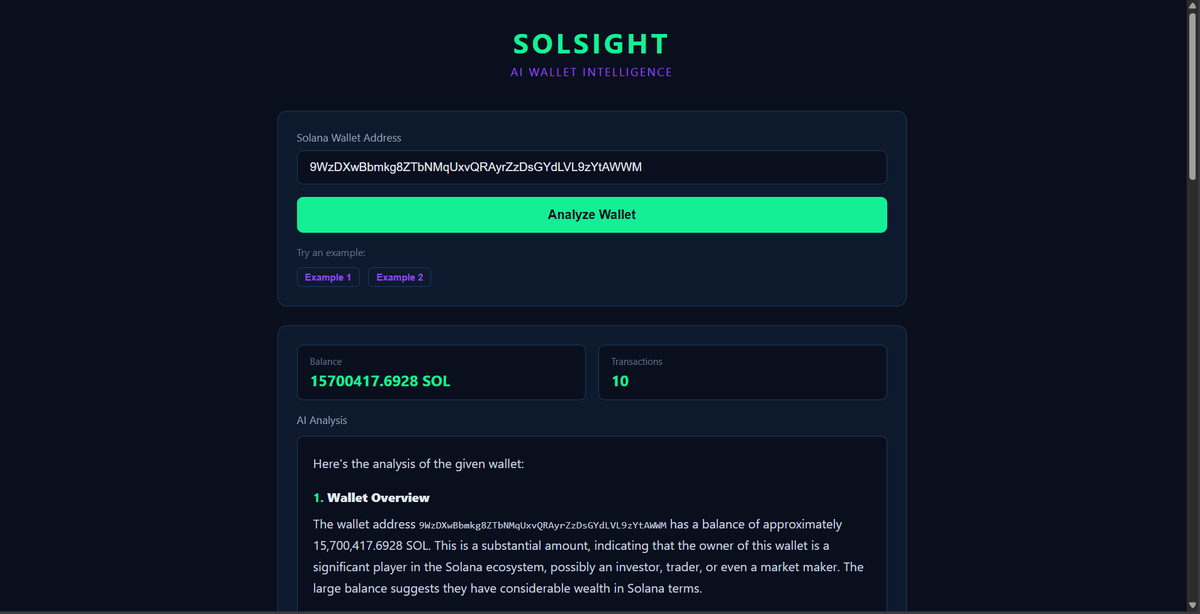 Albedo_369's tweet photo. Just submitted SolSight to @joincolosseum Frontier Hackathon!
AI-powered Solana wallet analyzer — paste any wallet address, get instant plain-English breakdown of on-chain activity.
Built solo  with zero Web3 experience.
Live: https://t.co/aDSky88kYg
#Frontier #Solana #BuildOnSolana