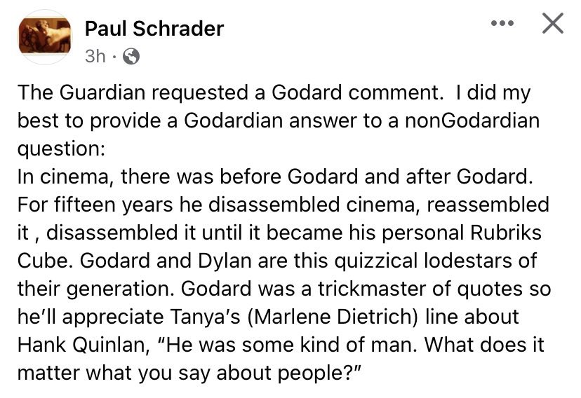 auteurhouse's tweet photo. Paul Schrader on Jean-Luc Godard. #filmtwt https://t.co/CC9xOoiyS6