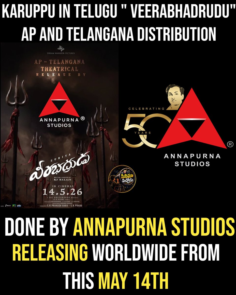 SanjaySanj71997's tweet photo. Karuppu in Telugu "veerabhadrudu" AP and Telangana distribution done by Annapurna Studios.

#karuppu @telugudistribution #mayrelease 

@DreamWarriorpic @Suriya_offl @RJ_Balaji @trishtrashers @SaiAbhyankkar @thinkmusicindia @AnnapurnaStdios https://t.co/yNjn0FGM2j