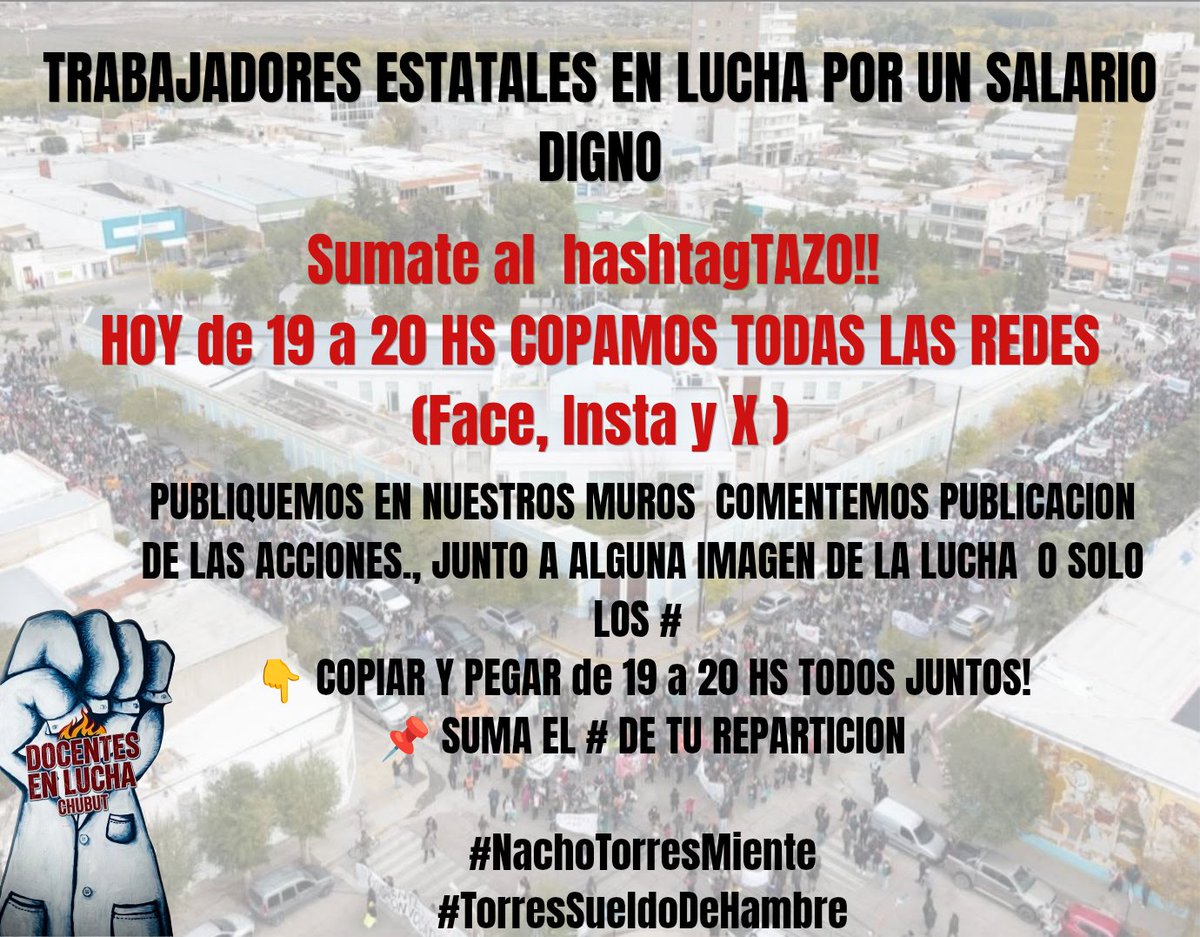 docenteschubut's tweet photo. Hoy hashtagTAZO Chubutense 19hs.
Que llegue a todos los lugares lo que esta ocurriendo en la provincia💪🏻
Unidad de los trabajores✊🏻
#ChubutenLucha #Docentesautoconvocados #NachoTorresMiente https://t.co/KYMRuv6WEx