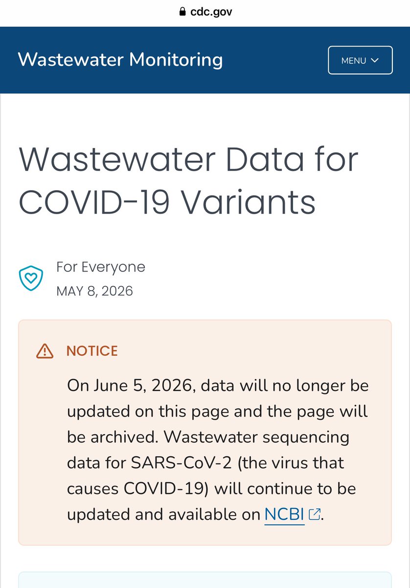 jesseintl's tweet photo. RFK Jr.’s CDC is about to make it very difficult for the public to see what’s happening with COVID Variants in U.S. wastewater.

Last month they announced, they’d be reporting monthly instead of weekly…ironically right ahead of VRBPAC! 🤦

Now this notice!

PS. Re: VRBPAC ⬇️ https://t.co/gAq7Vq2EJP