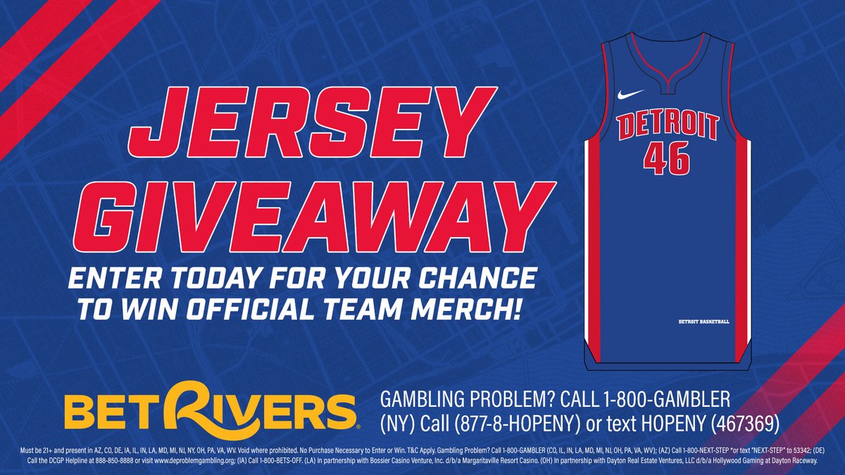 🚨 JERSEY GIVEAWAY 🚨

Game 3 is here and we are celebrating by giving away an autographed <a href="/DetroitPistons/">Detroit Pistons</a> jersey!

To enter:

1⃣ Follow <a href="/BetRivers/">BetRivers Sportsbook</a> + <a href="/BetRiversCasino/">BetRivers Online Casino</a>
2⃣ Repost this post &amp; tag a friend

Winner will be selected tomorrow 🏀

Rules ➡️ linktr.ee/BetRivers.com