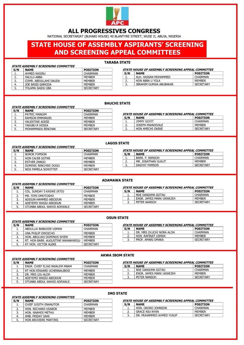 avdoolmaje's tweet photo. The All Progressives Congress (APC) has officially released the composition of the State House of Assembly (SHA) Screening and Screening Appeal Committees ahead of the Party’s forthcoming primary elections. https://t.co/P6KxzgGRhk