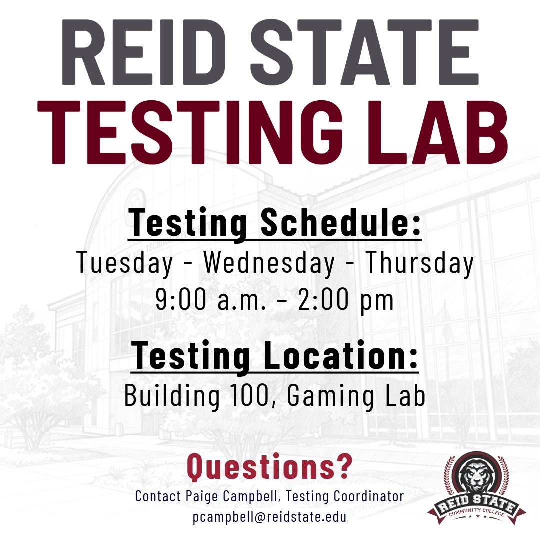 ReidStateCC's tweet photo. The Testing Lab is located in the Building 100 Gaming Lab. 

⏰ Hours: Tuesday–Thursday | 9:00 AM – 2:00 PM
⚠️ NO WALK-INS: Schedule your exam at https://t.co/59DKyBlONI.

Questions? Contact Testing Coordinator Paige Campbell at pcampbell@reidstate.edu.

#ReidState #TestingCenter https://t.co/iL7zXGGWLI