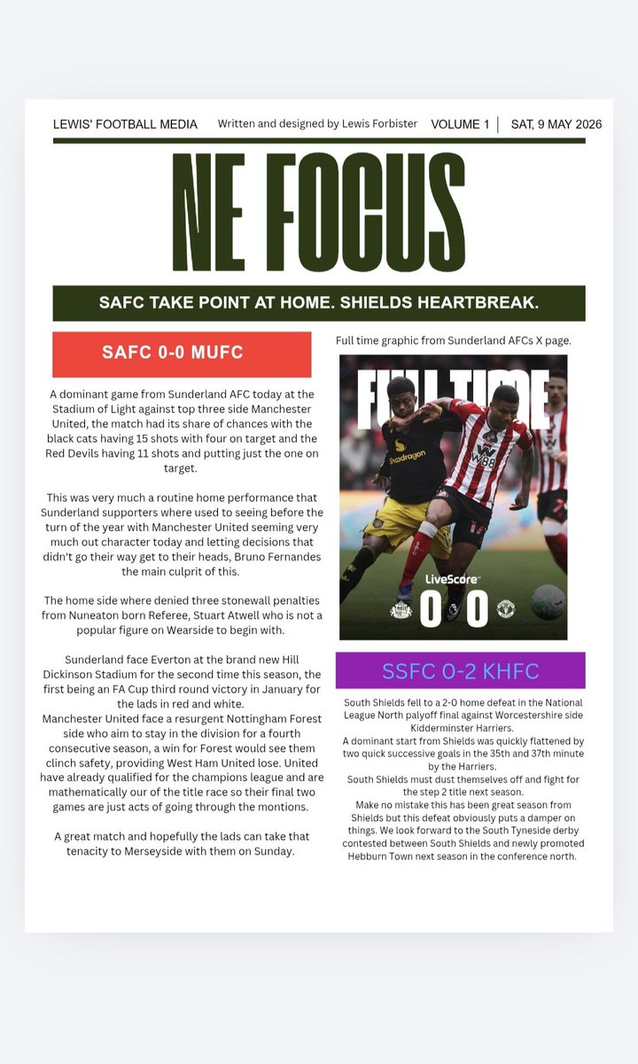 First issue of NE focus out now, in this series of articles I will review north east football matches and I hope you enjoy them as much as I enjoy writing them! 

#SUNMUN #SSFC #KHFC #premierleague #mariners #harriers #nonleague #northeast