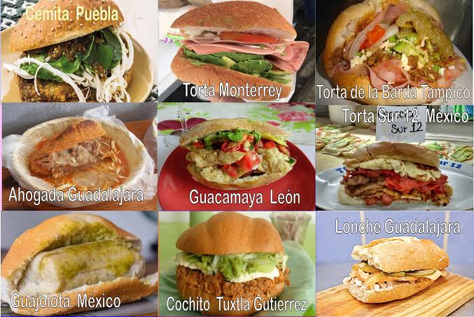 TORTAS MEXICANAS MÁS POPULARES
Torta Ahogada (Jalisco):
Birote relleno de carnitas, sumergido en salsa picante.
Torta Cubana:
Incluye milanesa, jamón, salchicha, queso, huevo y más.
Torta de Tamal (Guajolota):
Un tamal dentro de una telera.
Torta de Chilaquiles:
Rellena de