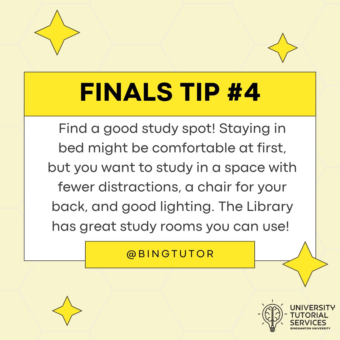 BingTutor's tweet photo. Finals Tip 4 - Find a good study spot!

#finalsweek #binghamtonu

[Alt. Text: A light yellow background with hexagons and dark yellow stars. There is a darker yellow and white quote box in the middle that talks about finding a good spot on campus to study for your finals.] https://t.co/npEgISETME