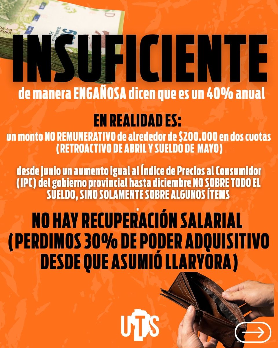UTSCordoba's tweet photo. De un día a otro apareció un arreglo entre el gobierno y el sindicato oficialista.

Sin consulta y con montos en negro. Sabemos que es insuficiente, hasta los que firman.

Hay que desconocerlo y retomar las asambleas y protestas. 
ESTADO DE ALERTA Y MOVILIZACIÓN PERMANENTE. https://t.co/u1WcS1ZA5z