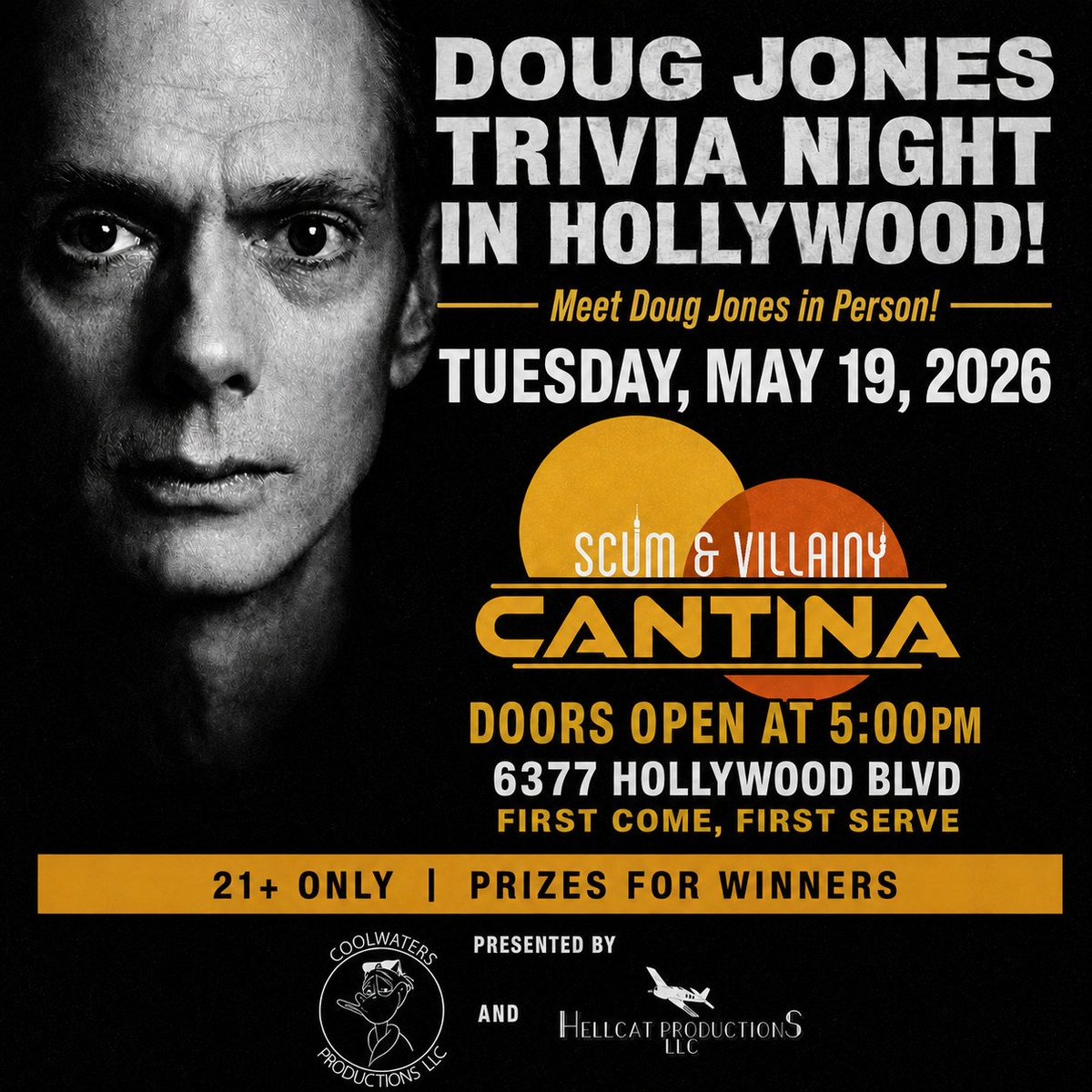 derekmaki's tweet photo. Join us for a special trivia night featuring celebrity guest Doug Jones on Tuesday May 19th. Our film crew will be  capturing the event you might get a chance to be in the documentary. Terms &amp; conditions apply. 21+ with ID.  Mr. Jones will not be signing autographs at this event. https://t.co/ERxVy3rnds