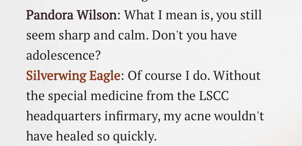 The concept of eagle having acne is really interesting because I think it’s the first character they explicitly stated it had acne. I need more teens characters going through it in canon