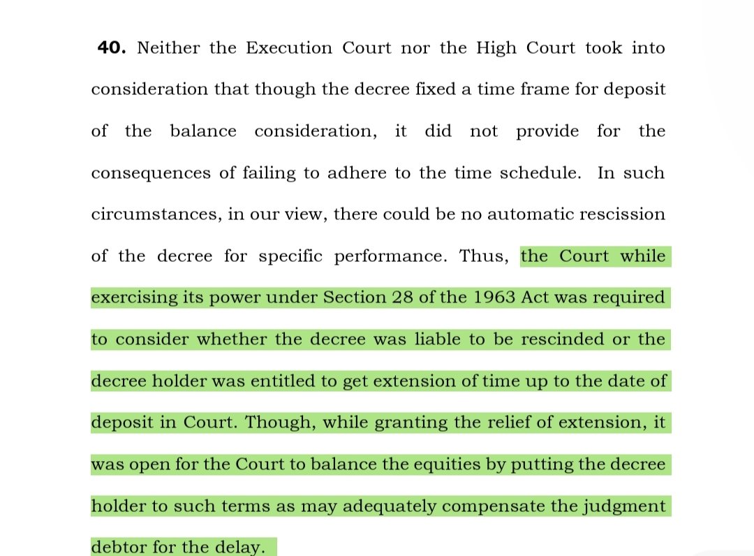Lawcurb's tweet photo. No Automatic Rescission for Delay in Specific Performance Decree
#SC: No automatic rescission if decree fixes time but no consequences for delay. Court may extend time or rescind under Section 28, balancing equities.
#SupremeCourt #SpecificRelief https://t.co/62KM1VfCCM
