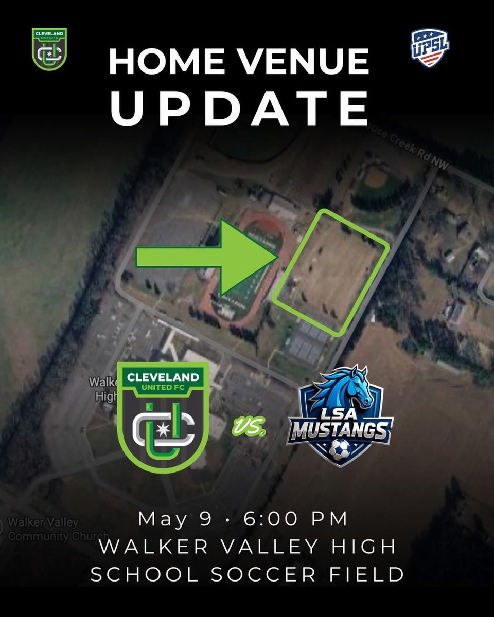 ClevelandUtdFC's tweet photo. Keep in mind venue change for today’s home match! 
See y’all at 6:00 pm at Walker Valley High School Soccer Field. And remember, thanks to DosBros admission tickets are free today! https://t.co/sEHRQXMJRy