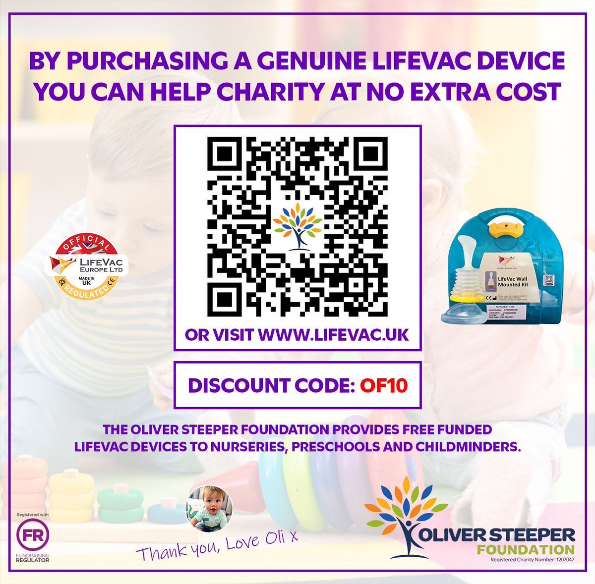 TOSFoundationUK's tweet photo. The only GENUINE anti-choking device available in the UK. MRHA regulated and CE marked. Use discount code OF10 at https://t.co/6pX4BiSd6n and claim 10% discount whilst helping our charity provider more devices to early years settings across the UK. https://t.co/iYFN1hav9s