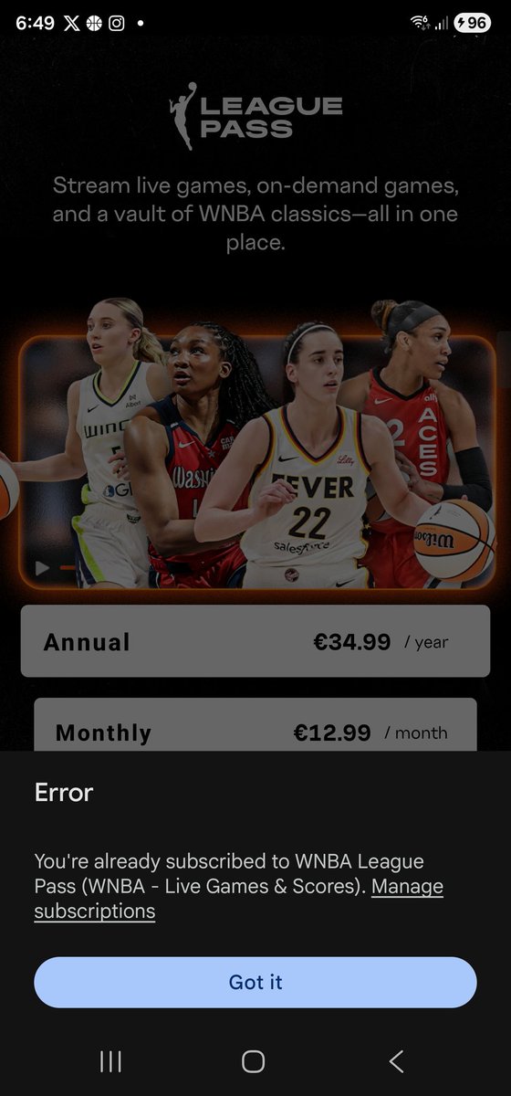 RulerOfKings22's tweet photo. @WNBA @IndianaFever @DallasWings @CarMax WTF @WNBA I've been subbed for 3 years! Attempted to watch games last night and I kept being sent to the subscribe page. Knowing I was already subscribed I just attempted to repurchase to see what it would do , and I get this B.S. 😤 So why the fck I can't watch a single game! https://t.co/kZnLmW4gaV
