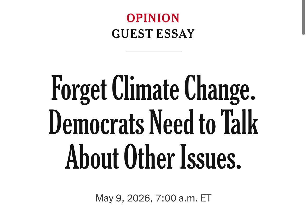 jamieclimate's tweet photo. Yet another op-ed in the NYT saying “don’t talk about climate change” that gets the polling and politics completely wrong. 

A recent Gallup poll found climate concern is near an all time high. Poll after poll shows voters want candidates to lead on the issue and show they have a plan to build more clean energy. 

Climate is a way for Dems to simultaneously rally the base and win over moderates who *overwhelmingly* trust Democrats more on this issue than Republicans. 

It's also a way to wedge the GOP: big majorities of young Republicans care about climate, a majority of MAGA voters support solar, MAHA is worried about the health impacts, etc. 

Of course we should be connecting climate to affordability, kitchen table issues, and a working class agenda. Of course we should segment audiences and target our messaging. That’s exactly what advocates and smart politicians are doing. 

Going silent is a losing strategy — not to mention a terrible thing for the planet.