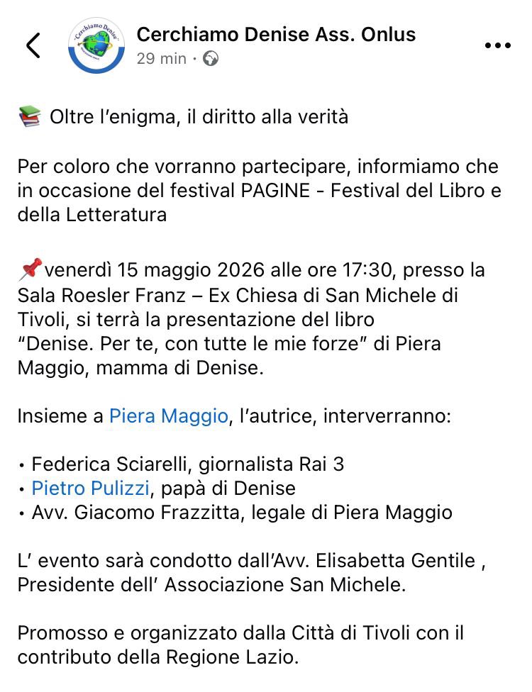 maryfalco71's tweet photo. 📌#Tivoli - venerdì 15 maggio 2026 alle ore 17:30, presso la Sala Roesler Franz – Ex Chiesa di San Michele di Tivoli

👉https://t.co/hzhZuFEJh4

#PagineFestival #PieraMaggio #GiacomoFrazzitta #FedericaSciarelli 
#maggiodeilibri #EventiTivoli #Denise #MissingDenise #DenisePipitone https://t.co/Hv11XQZqHk