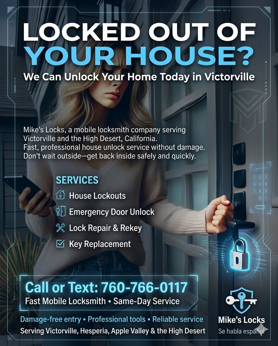 LocksMikes's tweet photo. 🚪 Locked out in Victorville? We unlock homes fast &amp; damage-free. 24/7 service in the High Desert.📷 Call/Text Mike’s Locks 760-766-0117 #Victorville #Locksmith #HouseLockout https://t.co/IrihJ0s592