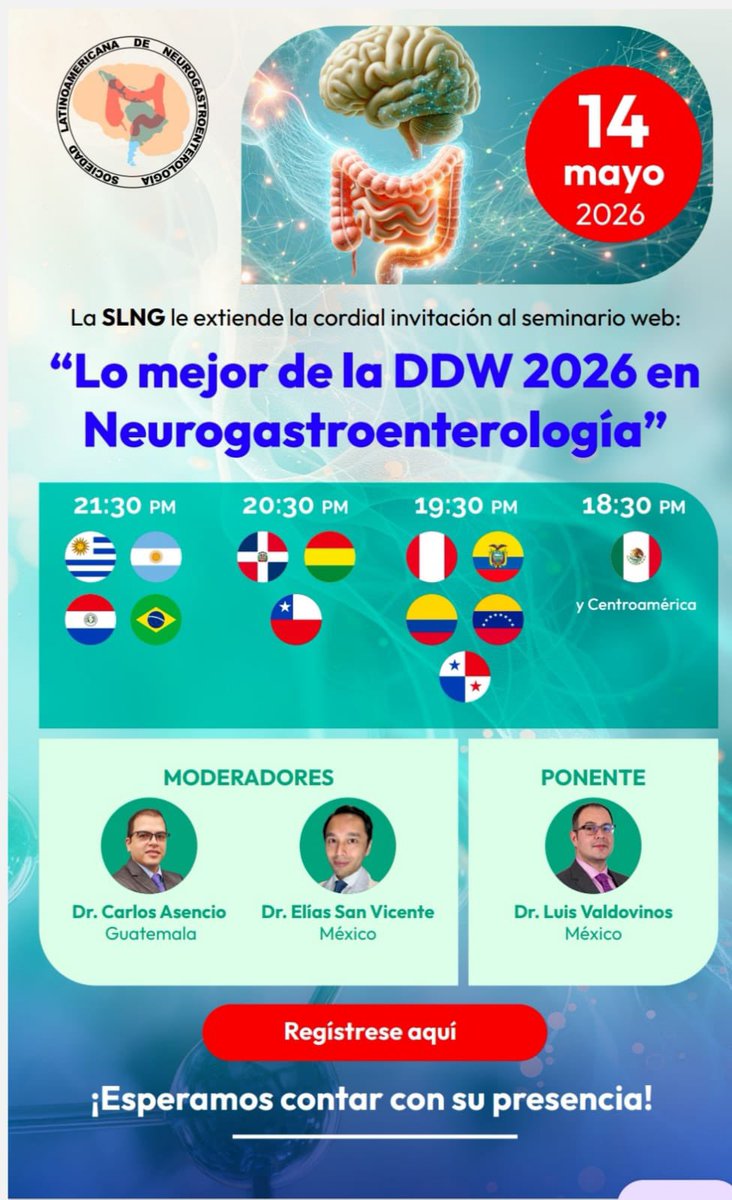 NeuroGI_latam's tweet photo. El próximo jueves 14 de mayo en los diferentes horarios de Latinoamerica tendremos un webinar especial sobre: Lo mejor de la DDW 2026 en Neurogastroenterologia
Ponente: Dr. Luis Valdovinos 🇲🇽 https://t.co/R0caRAb4lG