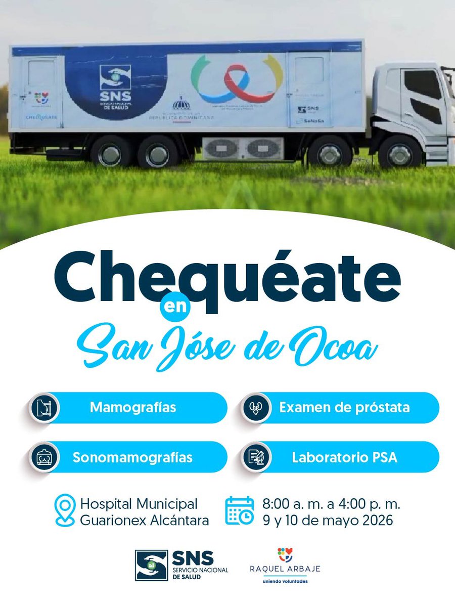 SNSRDO's tweet photo. 🩺 San José de Ocoa prioriza su salud y se #Chequea.
Este sábado 9 y domingo 10 de mayo, las unidades móviles del Servicio Nacional de Salud (SNS) llegan a San José de Ocoa con servicios médicos gratuitos, acercando prevención, orientación y diagnóstico oportuno a la población. https://t.co/sH0Ej6EW47