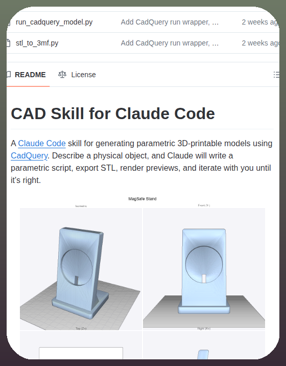 tom_doerr's tweet photo. Generates parametric 3D printable models from natural language

https://t.co/f9LVyLIS4e https://t.co/gcjxL5jaxE