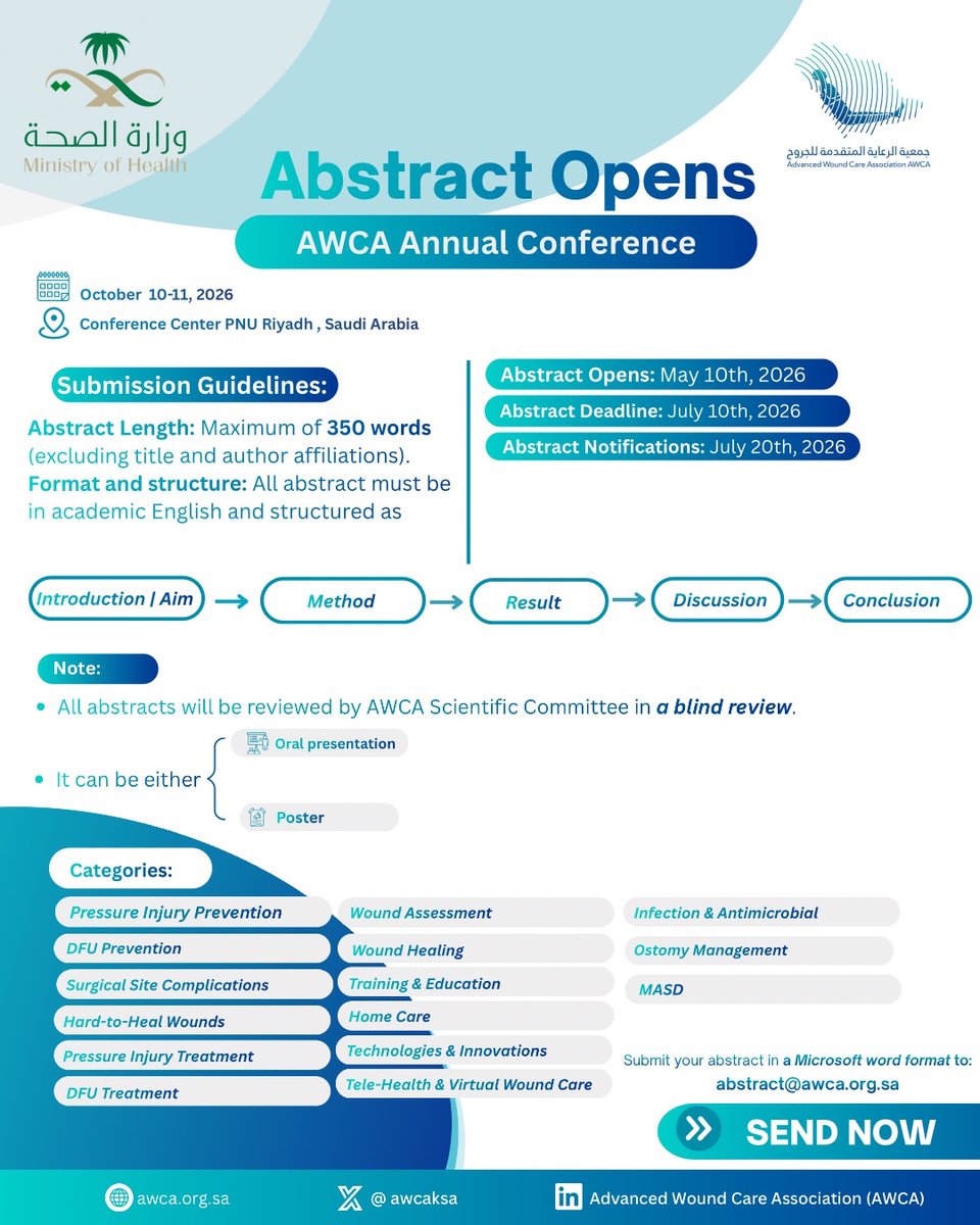 AWCAKSA's tweet photo. The wait is over !
We’re officially accepting abstract submission for the AWCA Annual Conference.
Take the chance to foster your presence at AWCA Annual Conference @AWCAKSA 

#السعودية #الرياض #الرياض_الآن https://t.co/02PzSGqudb