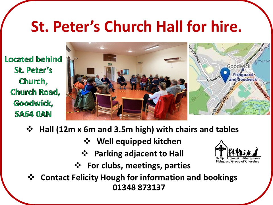 StMaryFishguard's tweet photo. Looking for somewhere to hire for a party, event for a group to meet? St Peter's Hall Goodwick might be just the place! Call Felicity to find out about availability. https://t.co/G3aKpp66JJ
