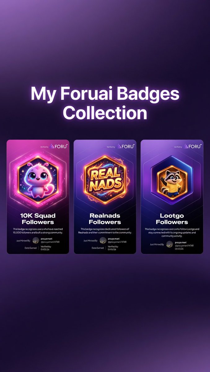 saniiornexs's tweet photo. Just minted 3 new badges 🔥
Big thanks to @4uaicrypto &amp; @monad 

- 10K Squad Followers  
- Realnads Followers  
- Lootgo Followers  

Super happy to be part of these amazing communities 👀  

$FORU #Foruai #Badges #Community #10KSquad #Realnads #Lootgo https://t.co/ImY8DvegK5