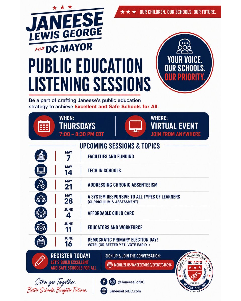 dcacts's tweet photo. Janeese Lewis George is hosting virtual Public Education Listening Sessions to hear directly from educators, parents, students, and community members.  

🗓 Thursdays 
📷 7:00–8:30 PM EDT  
Virtual Event 

Register here: https://t.co/GvWpXCoQeu 
#DCEducation #DCSchools https://t.co/nyjrCEAZSM